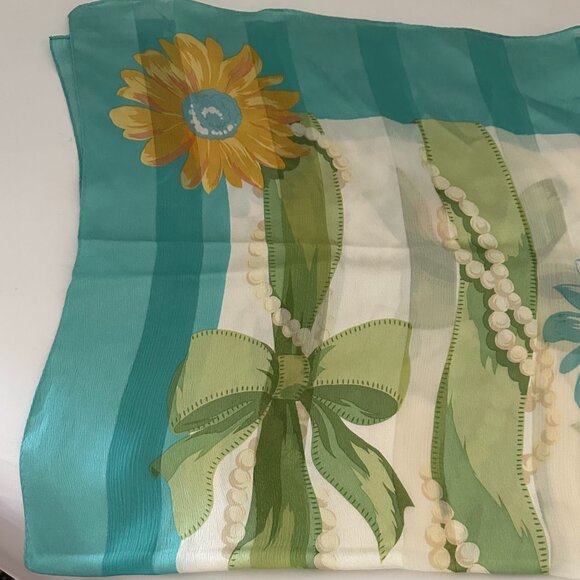 Enrico Coveri Flowers Ribbon & Pearls Square 100% Silk Scarf - Picture 2 of 6